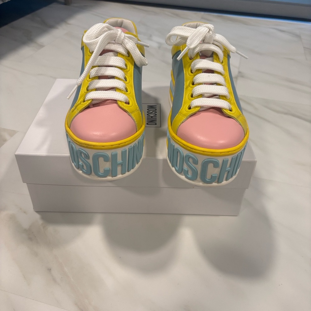Moschino Pastel Pink Blue Yellow Platform Sneakers - Picture 2 of 8